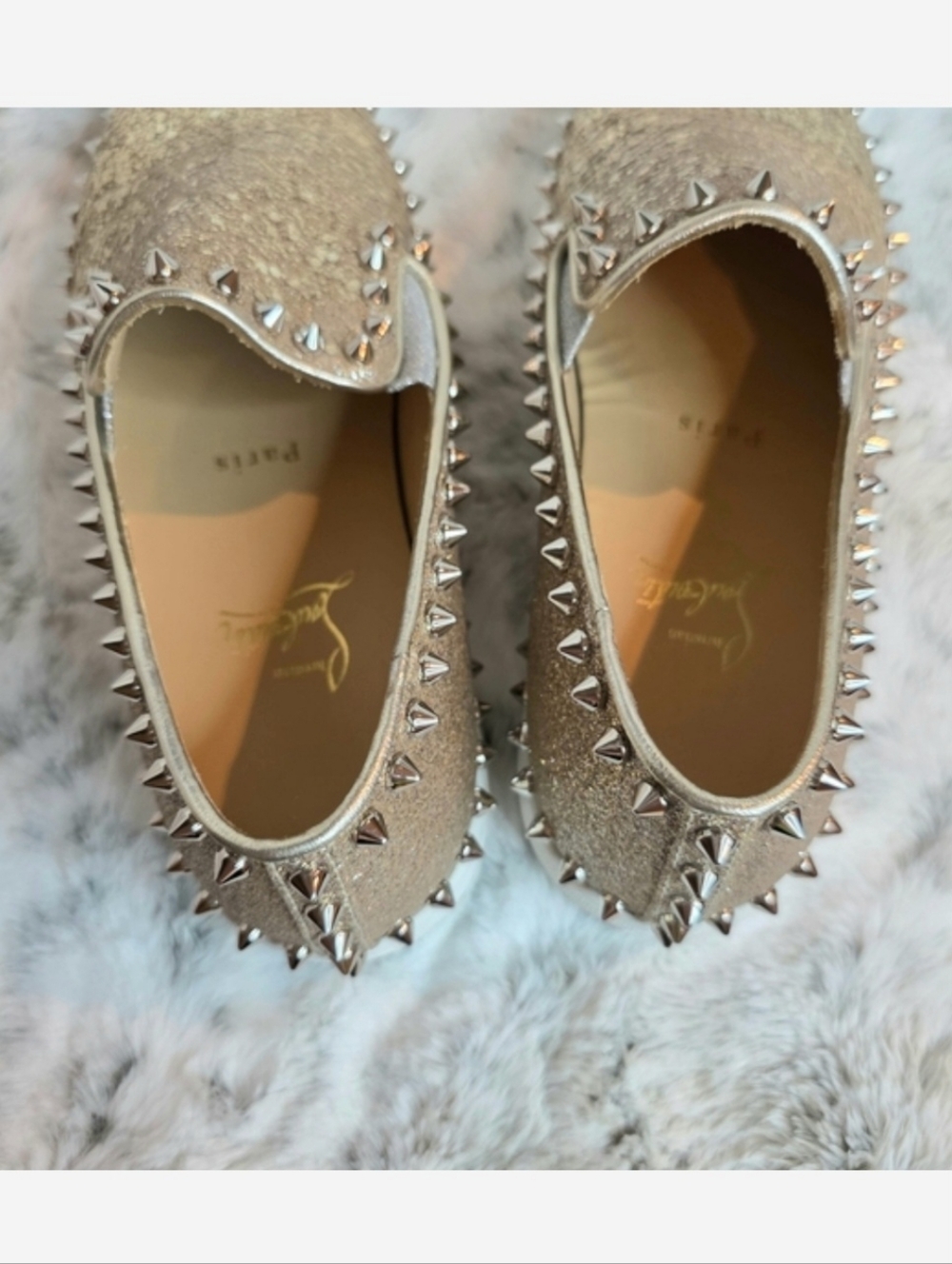 Christian Louboutin Pik Boat slip-on Spiked Leather Sneakers Silver Gold EU 37.5 - Picture 7 of 11